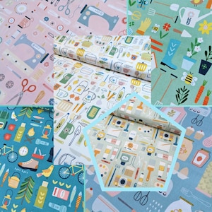 May include: A collage of fabric swatches featuring various patterns. The patterns include a sewing theme with sewing machines, scissors, and spools of thread, a kitchen theme with cooking utensils, a gardening theme with flowers, watering cans, and gardening tools, and a camping theme with a compass, a lantern, and a bird.