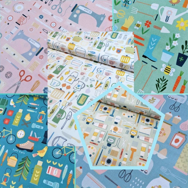Dashwood Studio Hobbies Collection Fabric by the Metre, Half Metre and FQ, Sewing, Baking, Gardening, Outdoors, Artist, Cooking