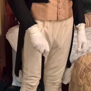 May include: A man wearing a black tailcoat with a gold vest and white cravat. He is holding a black walking stick and wearing white gloves. He is standing in front of a patterned fabric.