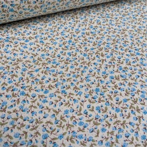 白地に小さな青い花柄の100%コットン生地、リージェンシー、ドレスメイキング