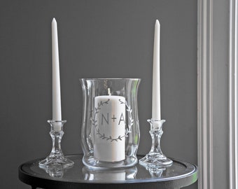 Unity Candle Holder Set - Wedding Monogram - Hurricane Glass - Glass Candle Holder - Unity Candle - Unity Ceremony - Wreath & Initials