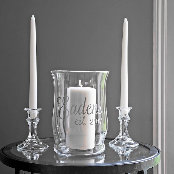 Unity Candle Holder Set - Unity Ceremony - Glass Candle Holder - Hurricane Vase - Wedding Candle - Wedding Gift - Name & Established