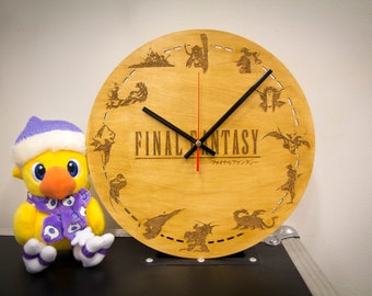 Final Fantasy Inspired Wooden Wall Clock - Lasercut and engraved symbols