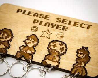 Super Mario Inspired "Please Select Player" | Wooden Keyring Wall Mount | Laser-cut Keyring Rack | Gaming Home Decor and Geeky Gamer Gift