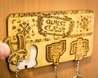 Quest Clear! Inspired Lasercut & engraved keyring and wall mount (CUSTOMISABLE)