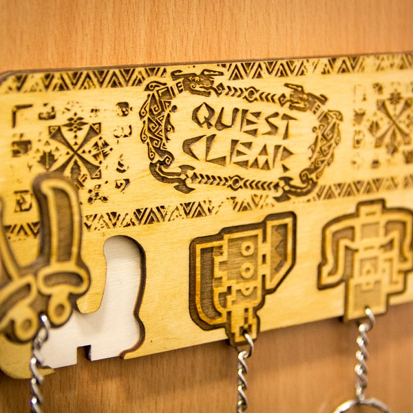 Monster Hunter inspiriert ""Quest klar!""" | Holz-Schlüsselring und Wandhalterung | Laser-cut Schlüsselanhänger | Gaming Home Decor und Geeky Gamer Geschenk