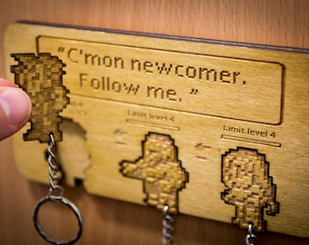 Final Fantasy VII Inspired "Follow Me" | Wooden Keyring and Wall Mount | Laser-cut Keyring Rack | Gaming Home Decor and Geeky Gamer Gift