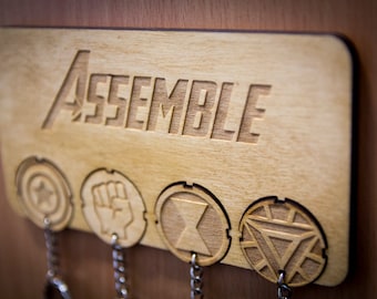 Avengers Inspired "Assemble" | Wooden Keyring and Wall Mount | Laser-cut Keyring Rack | Nerdy Decor and Geeky Gift