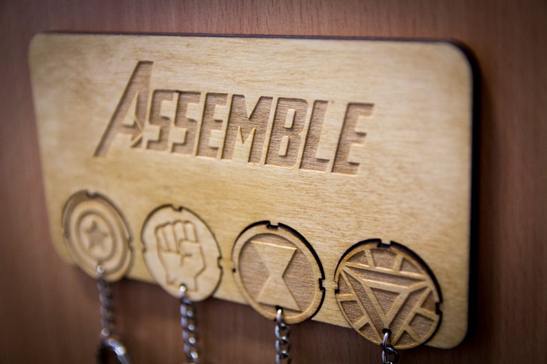 Assemble Inspired Lasercut Keyrings and Mount 
