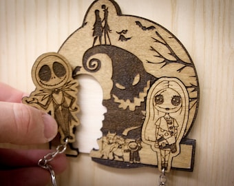 Nightmare Before Christmas Inspired | Wooden Keyring and Wall Mount | Laser-cut Keyring Rack | Pop Culture 90s Decor and Geeky Gift