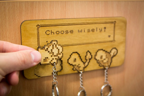 Pokemon Inspired Kanto "Choose Wisely" | Wooden Keyring and Wall Mount | Laser-cut Keychain Rack | Gaming Home Decor and Geeky Gamer Gift