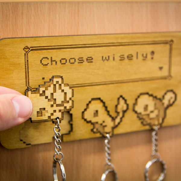 Pokemon Inspired Kanto "Choose Wisely" | Wooden Keyring and Wall Mount | Laser-cut Keychain Rack | Gaming Home Decor and Geeky Gamer Gift