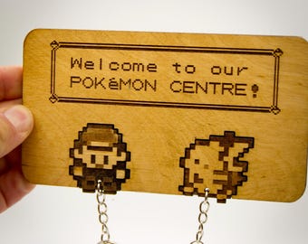Pokemon Inspired "Pokémon Center" | Wooden Keyring and Wall Mount | Laser-cut Keyring Rack | Gaming Home Decor and Geeky Gamer Gift