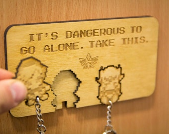 Legend of Zelda Inspired "It's Dangerous to go Alone" | Wooden Keyring and Wall Mount | Laser-cut Keyring Rack | Gaming Home Decor and Gift
