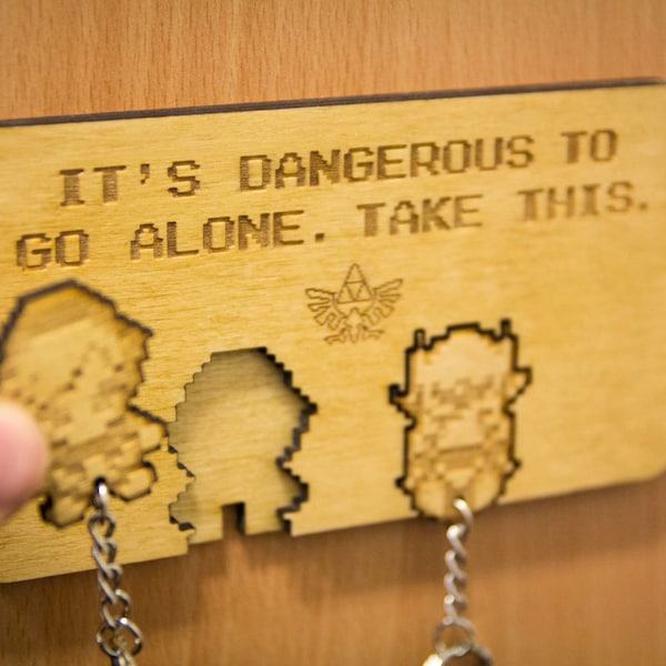 Legend of Zelda Inspired "It's Dangerous to go Alone" | Wooden Keyring and Wall Mount | Laser-cut Keyring Rack | Gaming Home Decor and Gift
