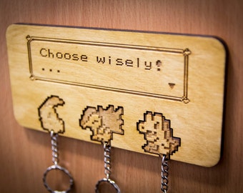 Pokemon Inspired Johto "Choose Wisely" | Wooden Keyring and Wall Mount | Laser-cut Keyring Rack | Gaming Home Decor and Geeky Gamer Gift