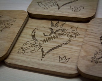 Kingdom Hearts Keyblade Coasters – Set of 4 Laser-Cut Wooden Drink Mats with Heart & Key Designs