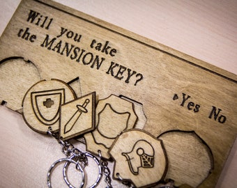 Resident Evil Inspired "Mansion Key" | Wooden Keyring and Wall Mount | Laser-cut Keyring Rack | Gaming Home Decor and Geeky Gamer Gift