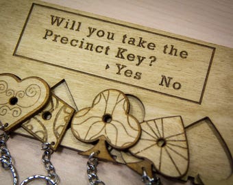 Resident Evil 2 Inspired "Precinct Key" | Wooden Keyring and Wall Mount | Laser-cut Keyring Rack | Gaming Home Decor and Geeky Gamer Gift
