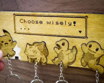 Pokemon Inspired Kanto "Choose Wisely" | Wooden Keyring and Wall Mount | Laser-cut Keyring Rack | Gaming Home Decor and Geeky Gamer Gift