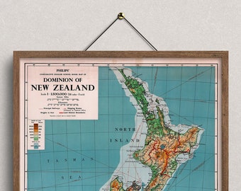 Vintage Map New Zealand, Art Map, Vintage Map Print, Old Map, Old Map Print, Map of New Zealand, 1951