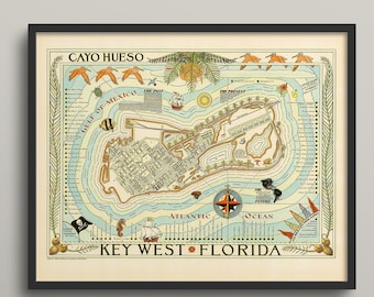 Vintage Map Key West, Key West pictorial map, Vintage Map Print, Old Map, Old Map Print, Map of Key West, Florida lover gift, new home gift