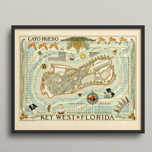 Vintage Karte Schlüssel West, Key West Bildkarte, Vintage Karte Druck, alte Karte, alte Karte Drucken, Karte von Key West, Florida Liebhaber Geschenk, neues Haus Geschenk