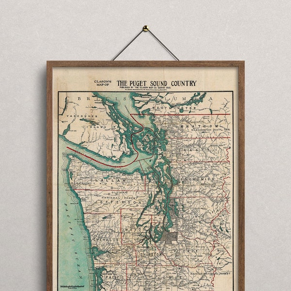 Vintage Map Puget Sound Art Map, Vintage Map Print, Old Map, Old Map Print, Map of Puget Sound, 1910