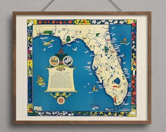 Florida pictorial map, Vintage Map of Florida, Vintage Map Print, Old Map, Old Map Print, Map of Florida, Florida lover gift, new home gift