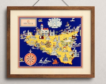 Vintage Map of Sicily, Sicily pictorial map, Vintage Map Print, Old Map, Old Map Print, Map of Sicily, Italy lover gift, new home gift