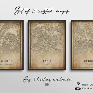 Cartes de ville personnalisées, ensemble de trois cartes personnalisées, impression de carte sur toile, cartes de style vintage, cartes rétro, carte vintage de la ville, carte routière personnalisée de la ville