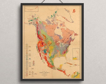 Vintage Geologic map, Geologic map of North America, old geological map, map of North America, geologist gift, geological survey map, gift