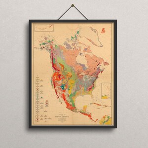 Mapa geológico antiguo, mapa geológico de América del Norte, mapa geológico antiguo, mapa de América del Norte, regalo de geólogo, mapa de estudio geológico, regalo