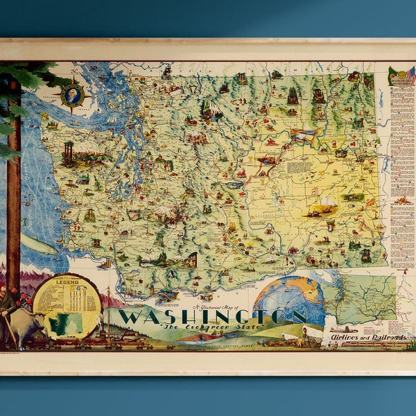 Washington State art print, The Evergreen State, Washington wall art, Washington state map, kids map, map poster, vintage map, old map print