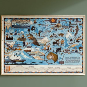 Parc national du Mont McKinley, Denali, Impression d’art du parc national, art cartographique vintage, art mural, carte du parc national vintage, carte vintage, ancienne carte