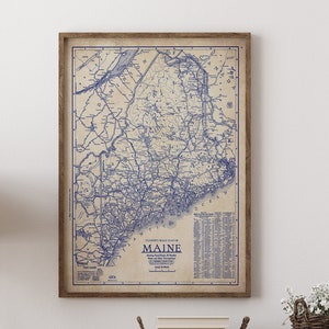 Carte du Maine, carte vintage du Maine, art mural du Maine, vintage du Maine, carte bleue, affiche de carte, carte vintage, ancienne impression de carte, amateur d’histoire, art du Maine