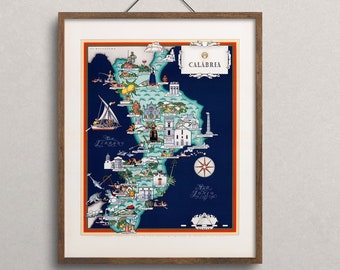 Vintage Map of Calabria, Calabria pictorial map, Vintage Map Print, Old Map, Old Map Print, Map of Calabria, Italy lover gift, new home gift