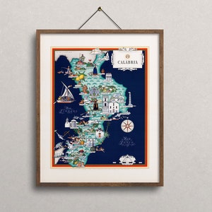 Vintage Karte von Kalabrien, Kalabrien bildliche Karte, Vintage Karte Print, alte Karte, alte Karte Print, Karte von Kalabrien, Italien Liebhaber Geschenk, neues Zuhause Geschenk