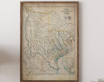 Old Texas map, Vintage Texas map, Texas wall art, Texas vintage map, map poster, state map, old map print, history lover, Texas state map