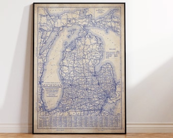 Michigan map, Vintage Michigan map, Michigan wall art, vintage Michigan blueprint map, map poster, vintage map, old map print, history lover