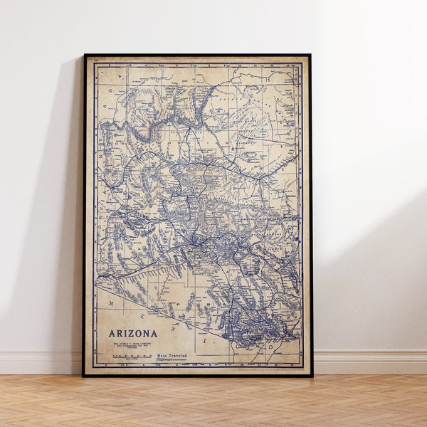 Arizona Map Print: Vintage Blueprint Style (Historic 1930s Design)