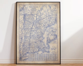 New England map, Vintage New England map, old blueprint map, map poster, vintage map, map print, history lover, old map, New England chart