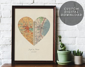 DIGITAL Personalized map, Heart map print, Anniversary gift, Map print, Custom wedding gift, Paper Anniversary, Map Art, Engagement gift