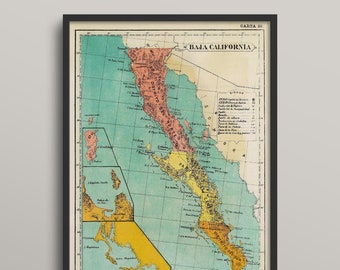 Vintage Map Baja California, Art Map, Vintage Map Print, Old Map, Old Map Print, Map of Baja California, 1899