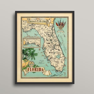 Vintage Kaart van Florida, Florida picturale kaart, Vintage Kaart Afdrukken, Oude Kaart, Oude Kaart Print, Kaart van Florida, Florida minnaar cadeau, nieuw huis cadeau
