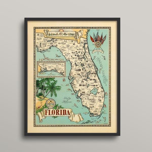 Vintage Map of Florida, Florida pictorial map, Vintage Map Print, Old Map, Old Map Print, Map of Florida, Florida lover gift, new home gift