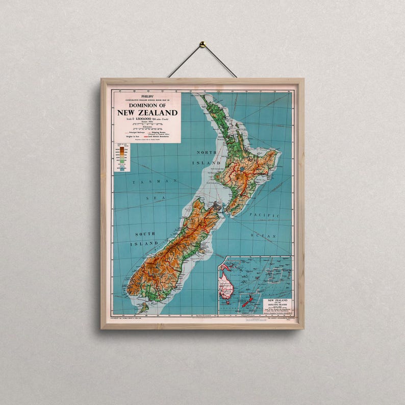 Vintage New Zealand Map Print - 1951 Retro Wall Art image 3