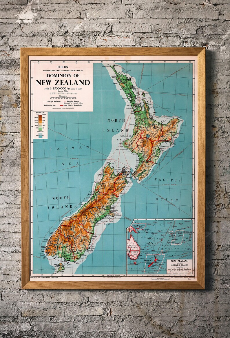 Vintage New Zealand Map Print - 1951 Retro Wall Art image 6