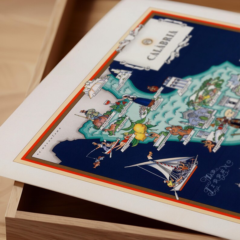 Mapa Kalabrii w stylu vintage, Włochy w wersji ilustrowanej (8x10 lub 16x20 cali) zdjęcie 2