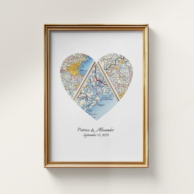 May include: Framed artwork featuring a heart-shaped map collage. The collage is composed of three map sections, with a gold frame. The names "Patrice & Alexander" and the date "September 12, 2025" are printed below the heart.